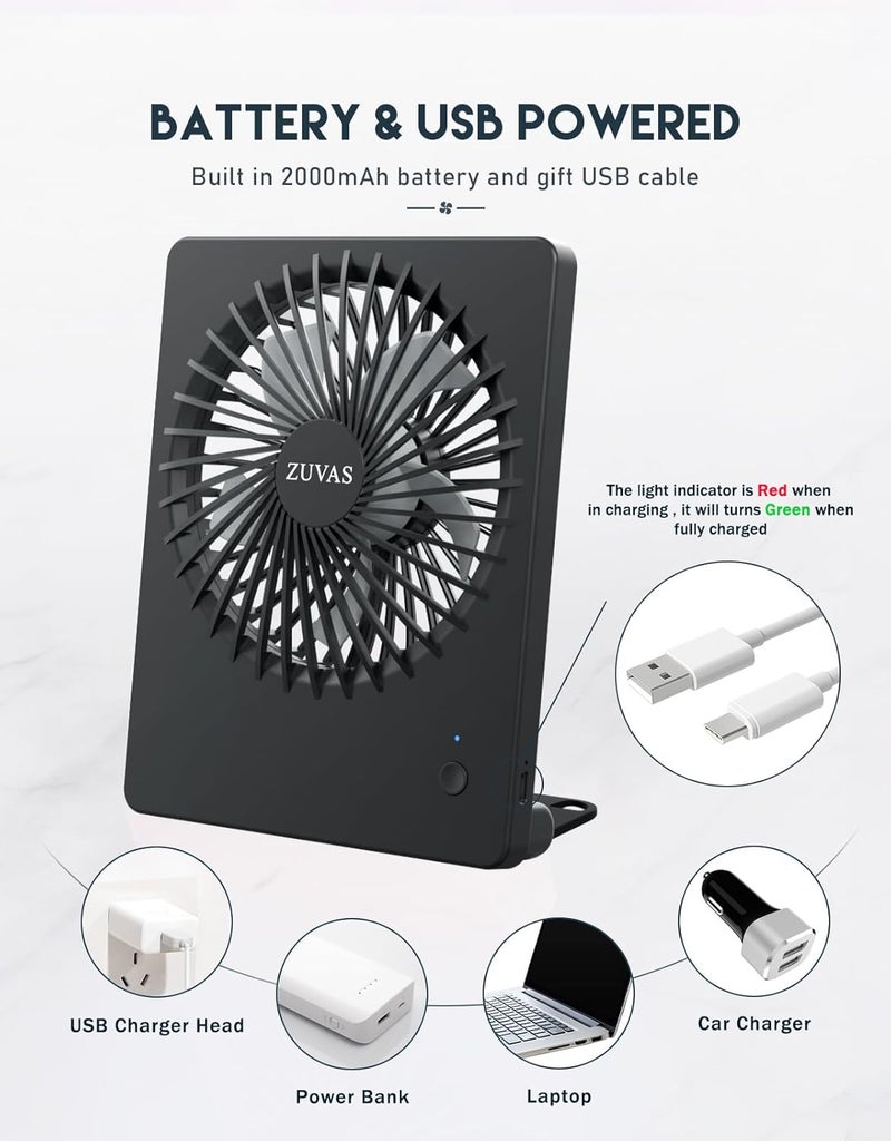 Zuvas Desk Fan Battery Operated Fan Rechargeable 180°Tilt Folding Personal Fan Ultra Quiet Small Portable 3 Speed Adjustable Strong Wind Fan For Office Bedroom Home Desktop Camping (Black) - Image 4